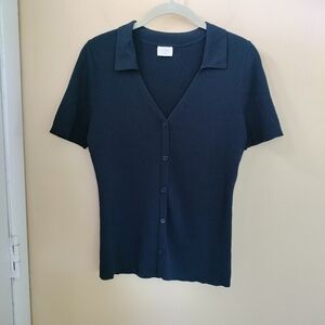 Common Threads Blue ribbed knit collared pullover top shirt XLP office Stretch